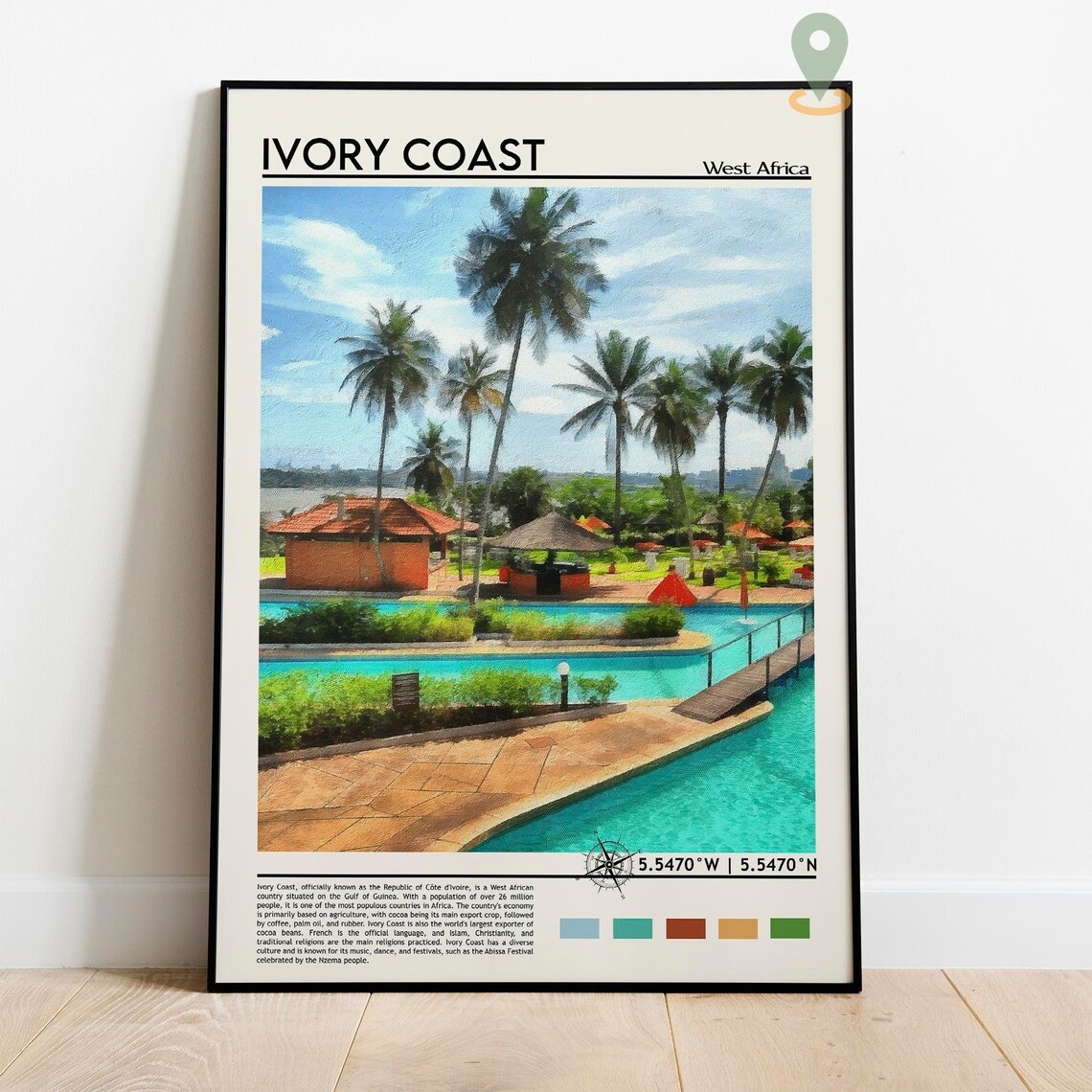 Ivory Coast West Africa Palm Resort Pool Painted Travel Poster - Image 5