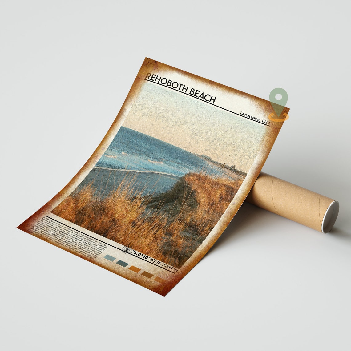 Rehoboth Beach Delaware Dunes Golden Shore Ocean Coordinate Poster - Image 4