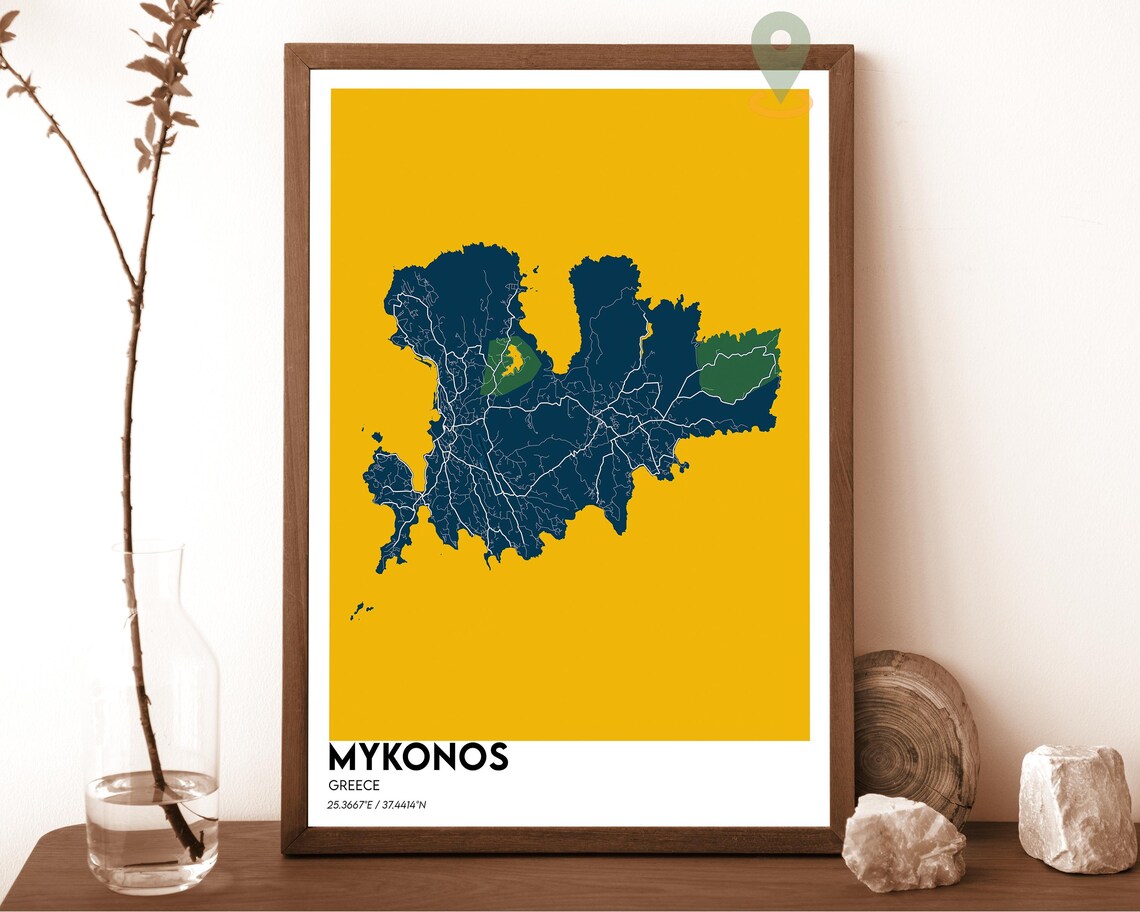 Mykonos Greece Aegean Island Bold Minimalist Mustard Yellow Map Poster