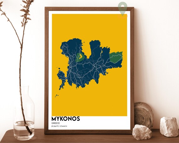 Mykonos Greece Aegean Island Bold Minimalist Mustard Yellow Map Poster