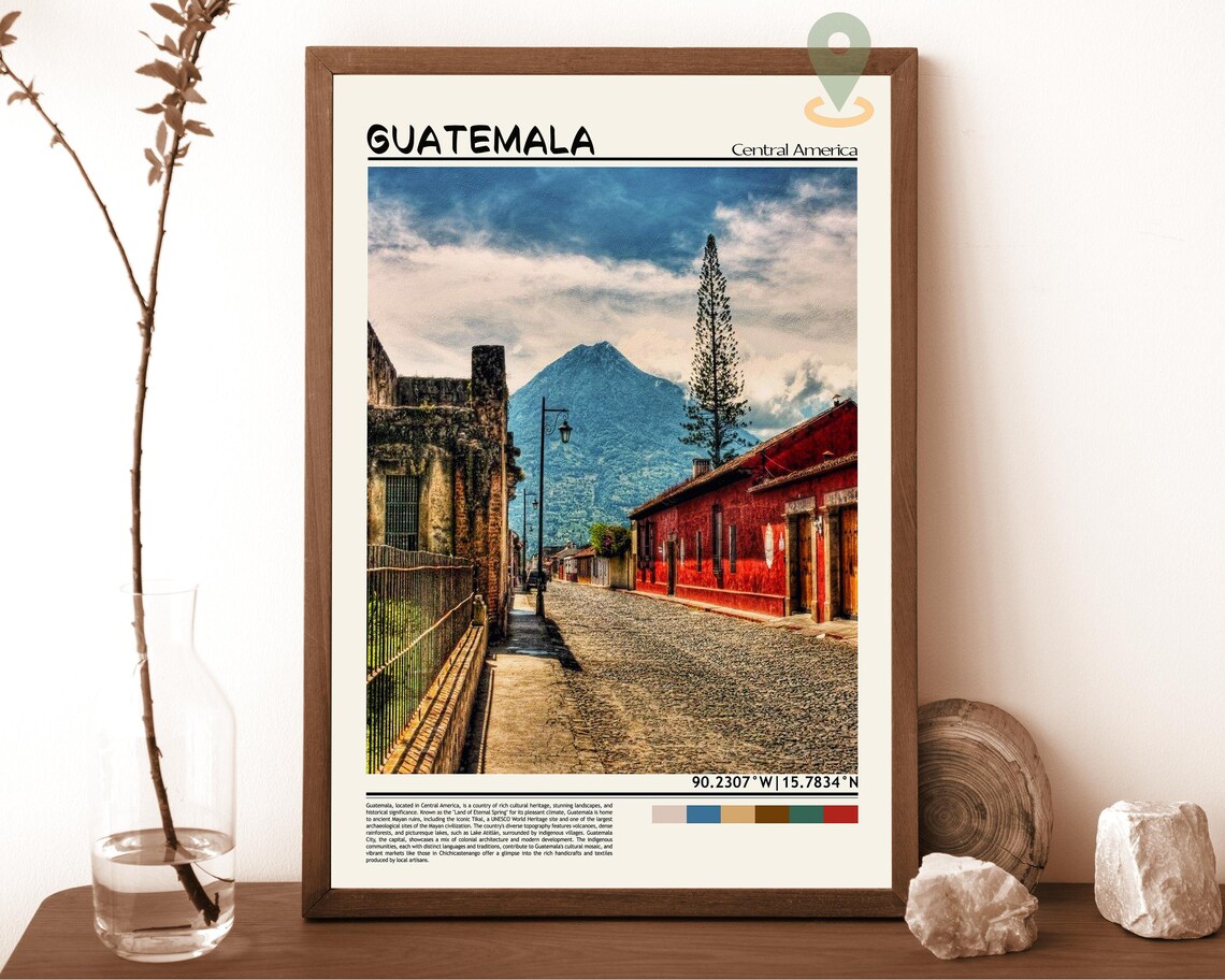Guatemala Antigua Colonial Street and Volcano View Travel Poster