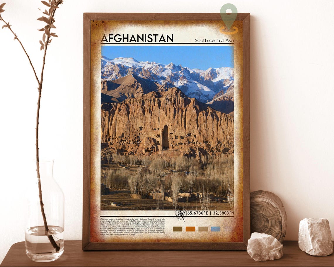 Afghanistan Bamiyan Valley Cliffs Snowy Peaks Travel Scene Poster - Image 2
