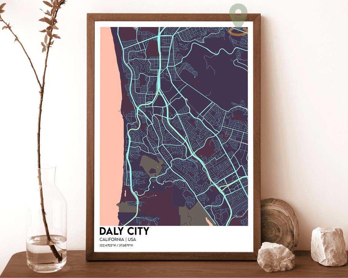 Daly City California Cream Maroon Coastal City Map Art Poster - Image 3