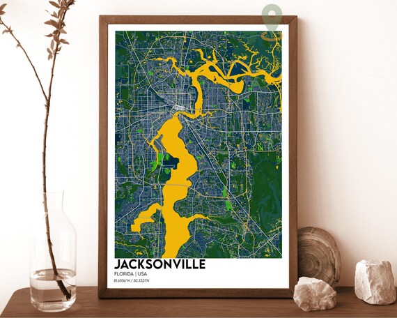 Jacksonville Florida Navy Gold Modern Minimalist City Map Wall Art