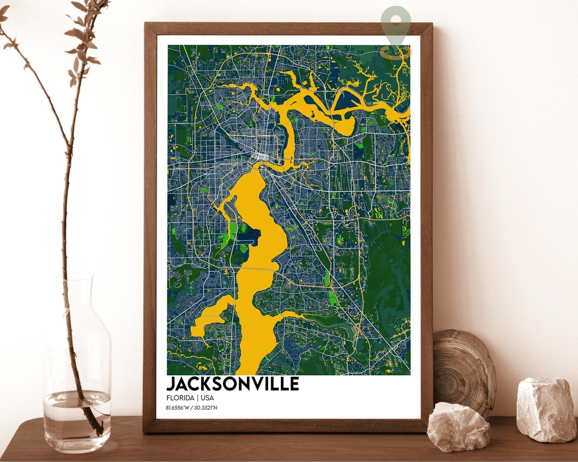 Jacksonville Florida Navy Gold Modern Minimalist City Map Wall Art