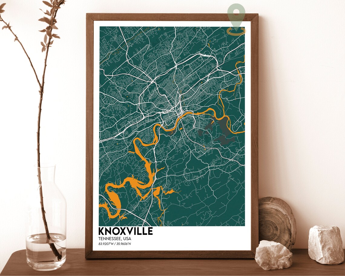 Knoxville Tennessee City Street Map Minimalist Green Orange Art Poster
