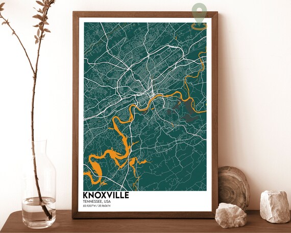 Knoxville Tennessee City Street Map Minimalist Green Orange Art Poster
