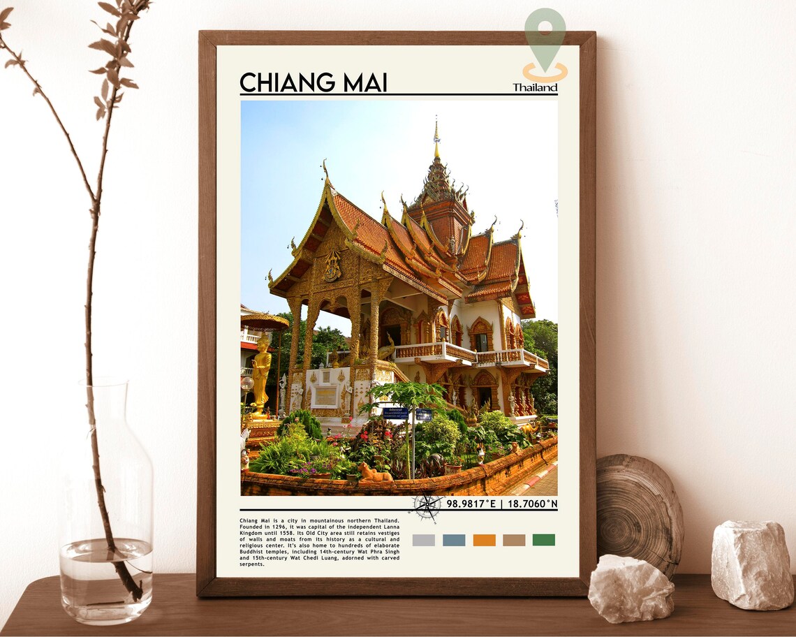 Chiang Mai Thailand Golden Temple Buddhist Travel Poster Art
