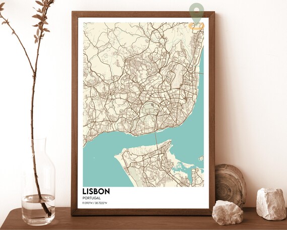 Lisbon Portugal Street Map Beige Turquoise City Cartography Poster