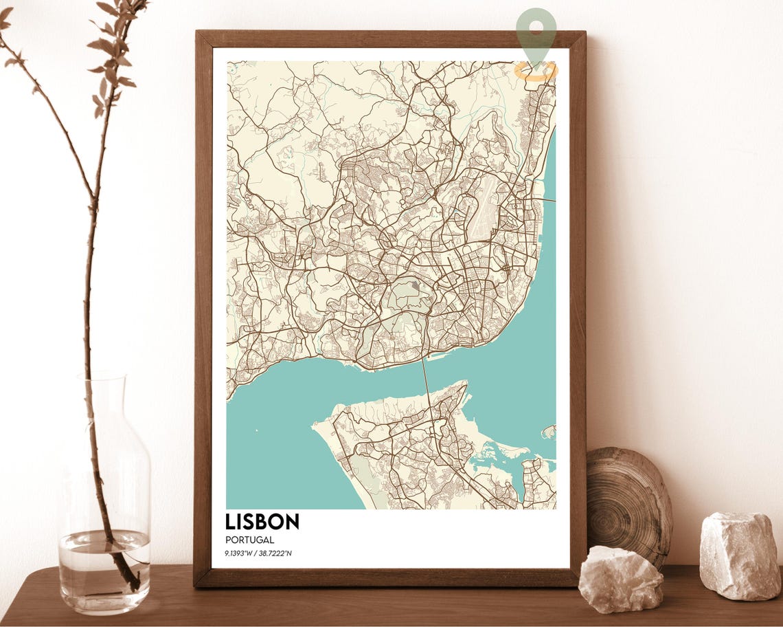 Lisbon Portugal Street Map Beige Turquoise City Cartography Poster