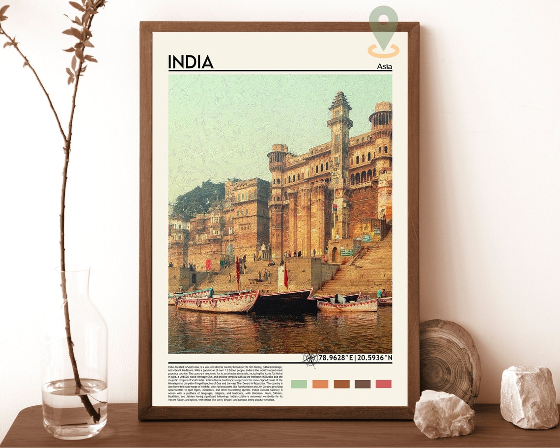 India Varanasi Ganges Ghats Historic Riverfront Watercolor Poster