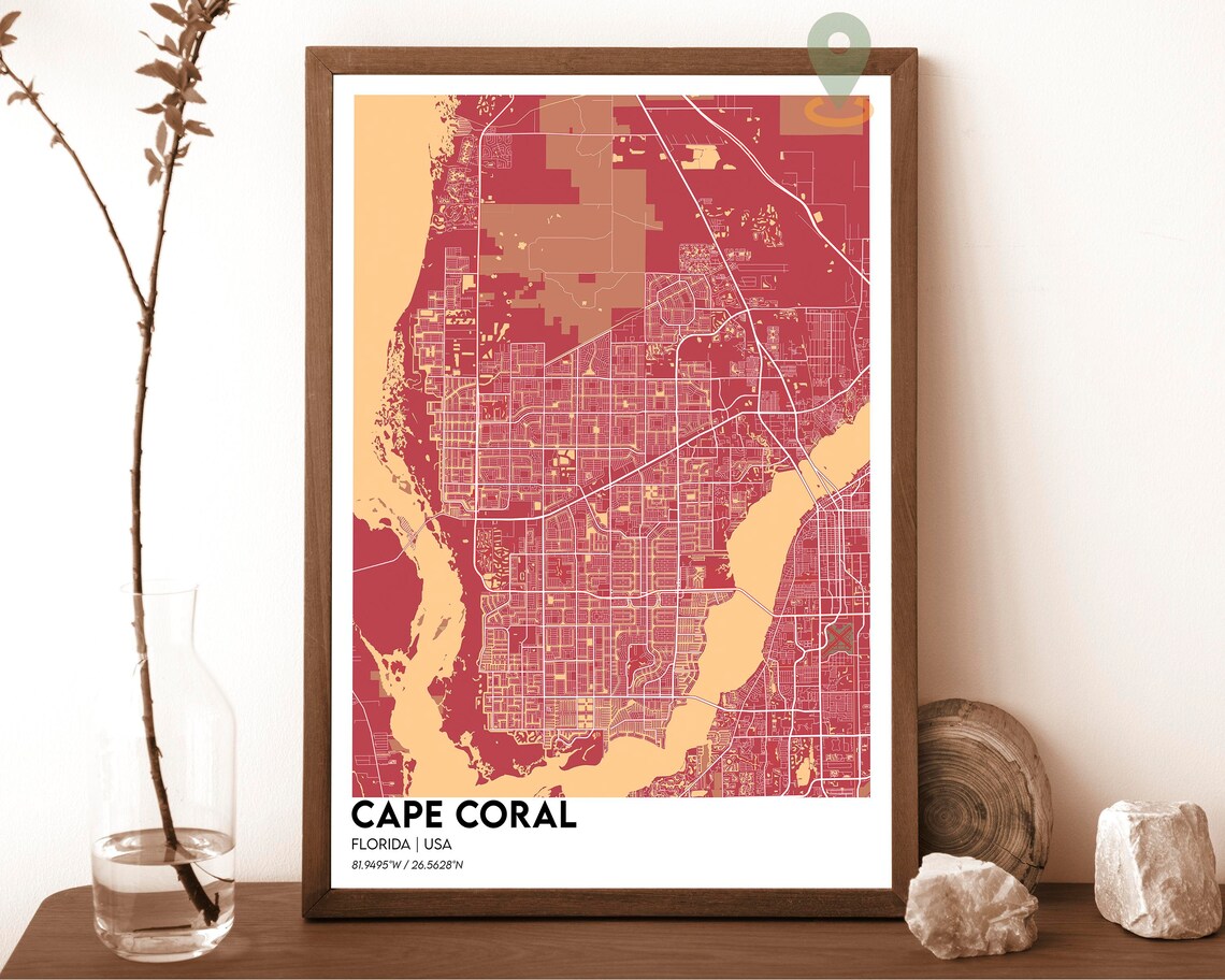 Cape Coral Florida City Map Poster Navy Yellow Coastal Art Style - Image 3