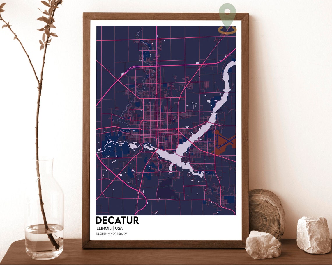 Decatur Illinois Cream Maroon Soft Retro City Map Art Poster - Image 2