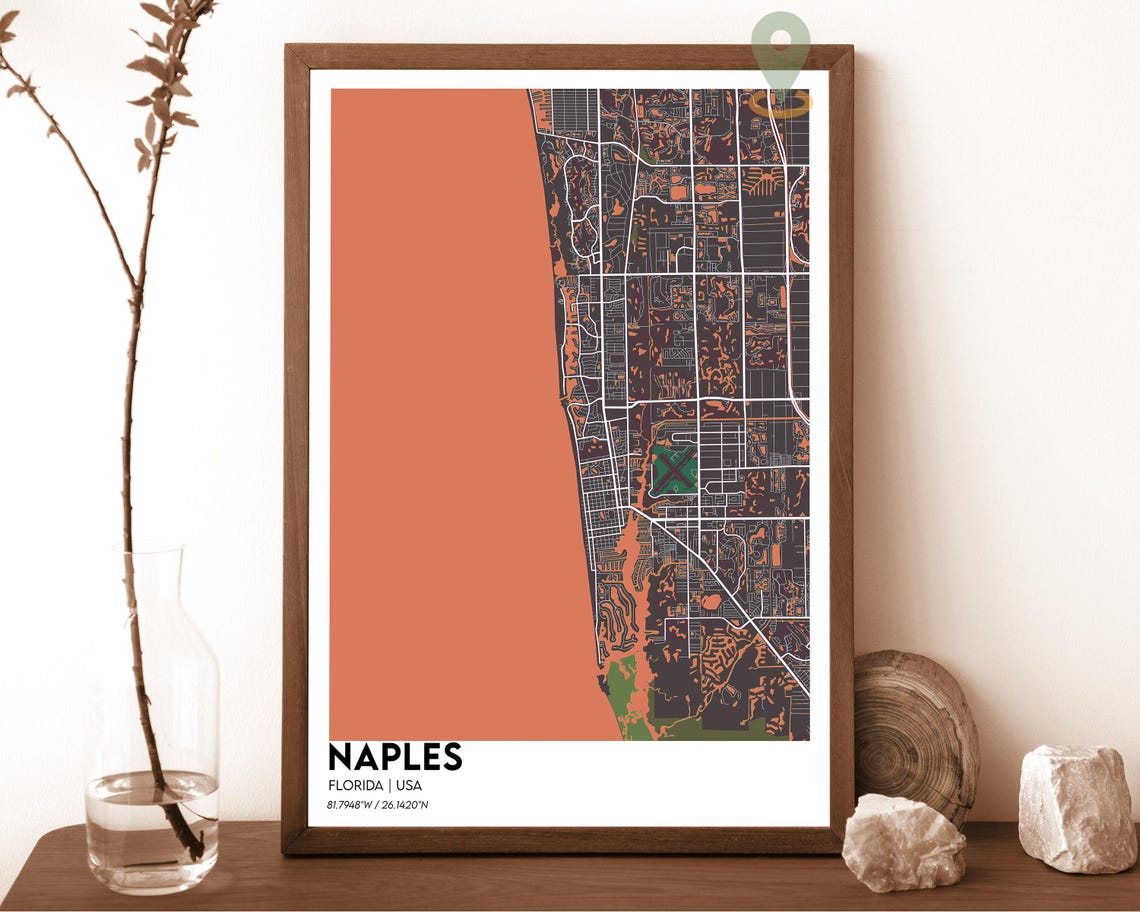 Naples Florida Striking Cream Teal Coastal City Map Art Poster - Image 4