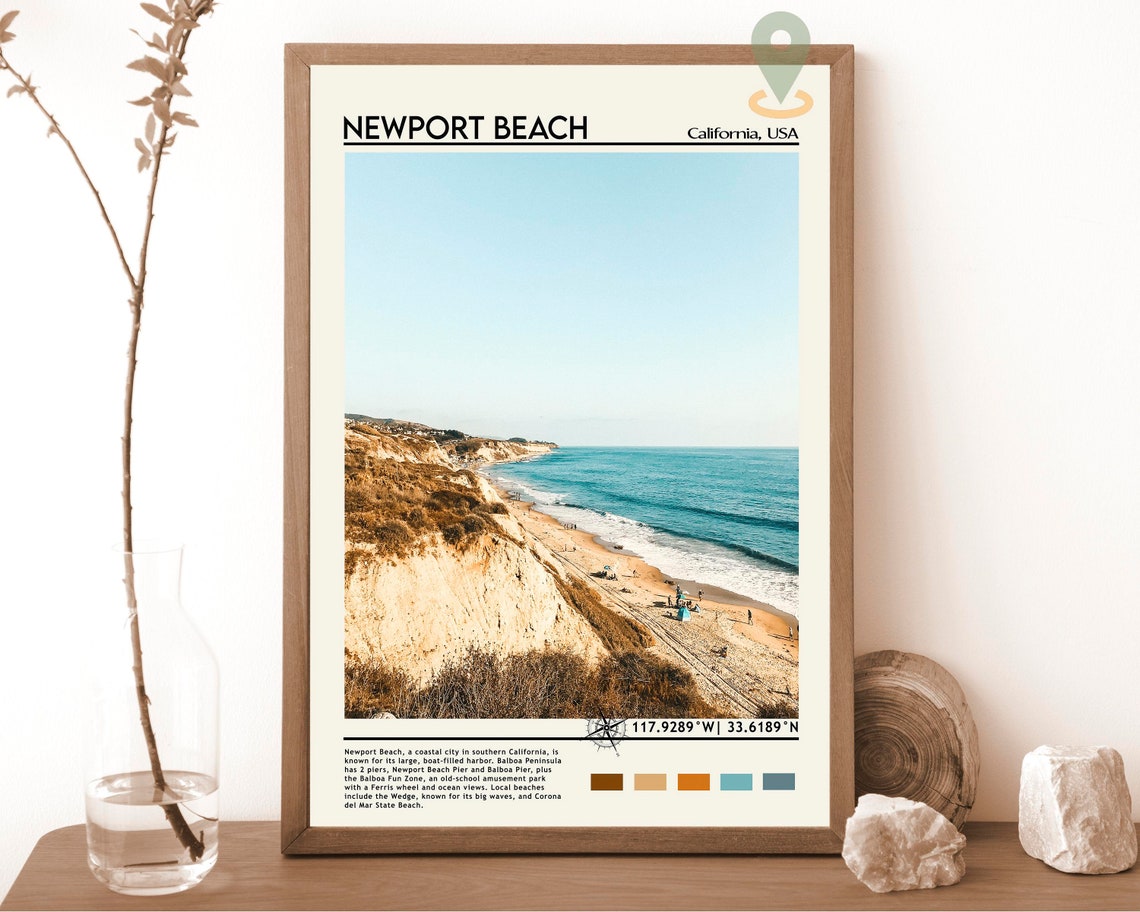 Newport Beach California Golden Cliffs Surf Beach Travel Poster