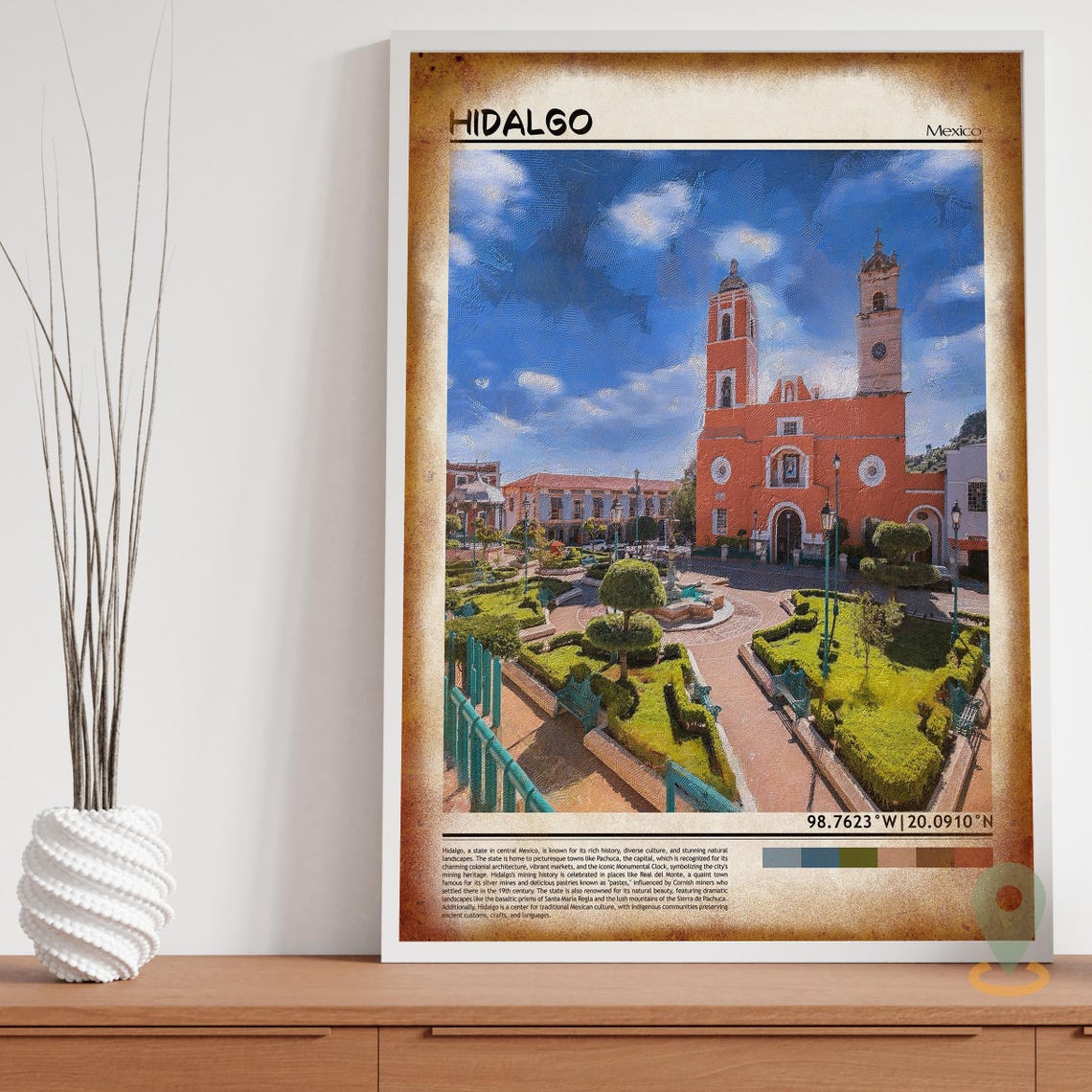 Hidalgo Mexico Glowing Red Church Plaza Colonial Town Travel Poster - Image 3