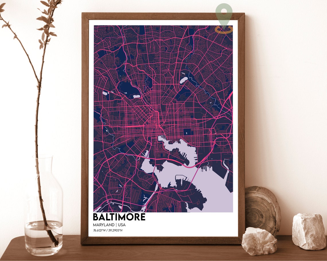 Baltimore Maryland City Map Night Purple Cyan Street Grid Poster - Image 6