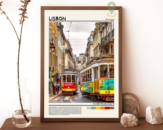 Lisbon Portugal Classic Yellow Trams Old Town Street View Poster