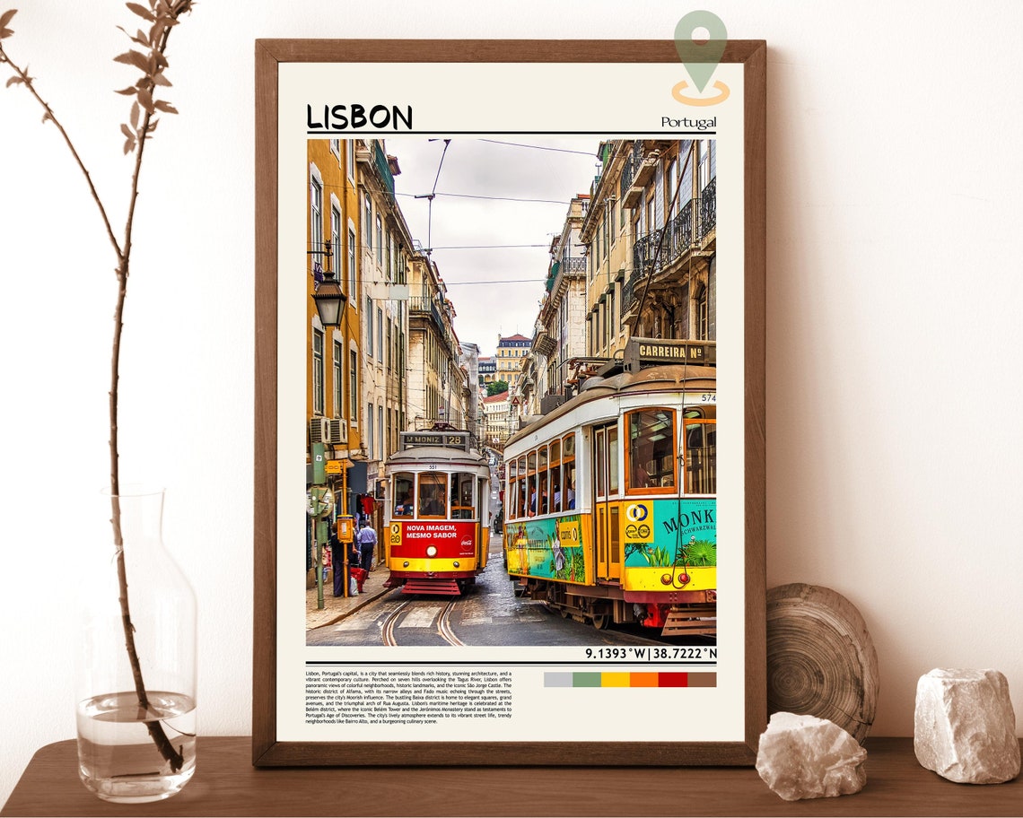 Lisbon Portugal Classic Yellow Trams Old Town Street View Poster