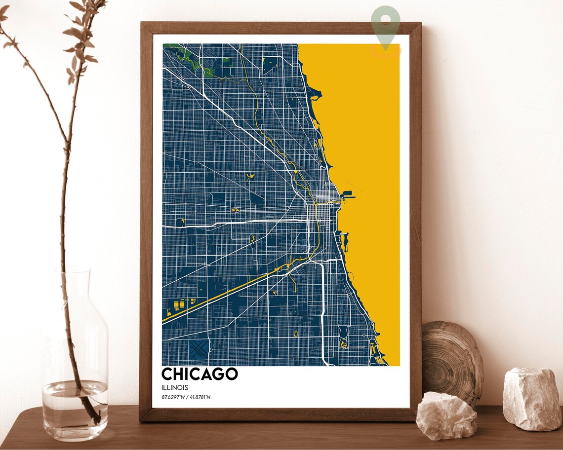 Chicago Illinois Street Map Golden Lake Michigan Navy Grid Art Print
