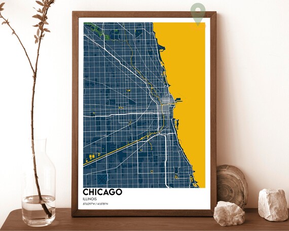 Chicago Illinois Street Map Golden Lake Michigan Navy Grid Art Print