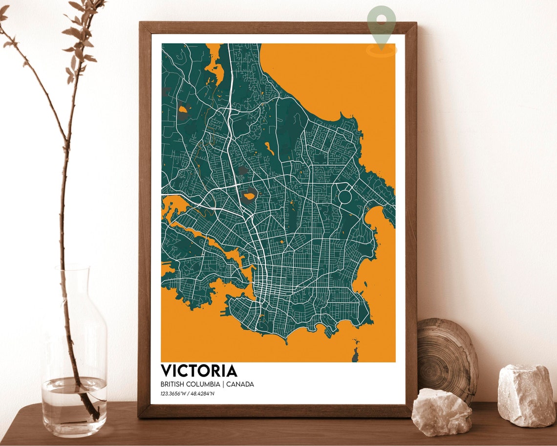 Victoria British Columbia Canada Map Poster Navy Peach Artwork - Image 4