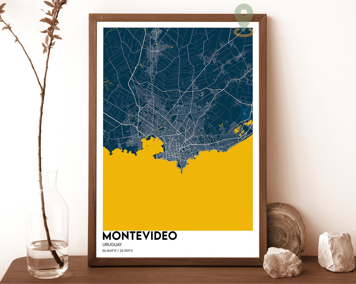 Montevideo Uruguay navy with a gold coastline Street Map Coordinates Poster