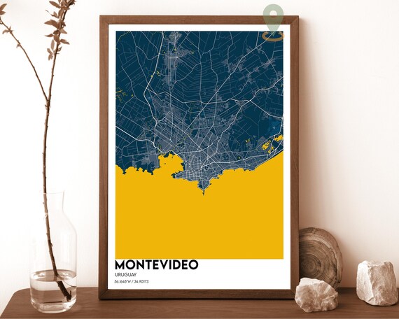 Montevideo Uruguay navy with a gold coastline Street Map Coordinates Poster