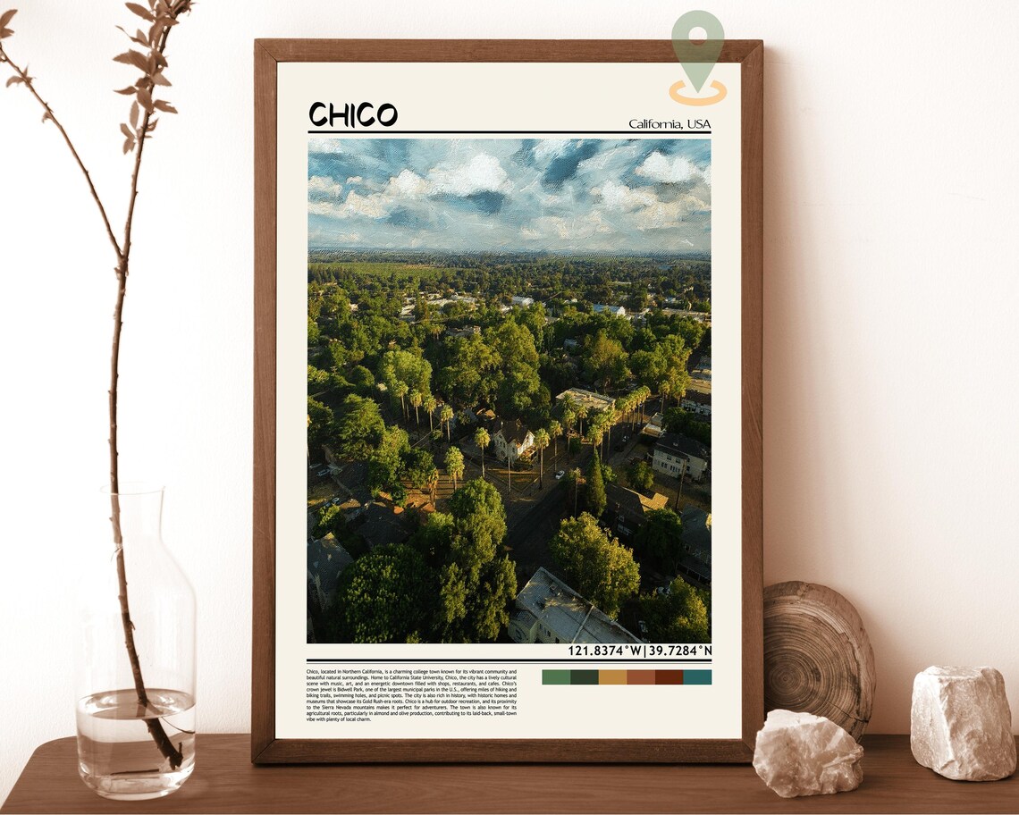 Chico California Tree Lined Aerial Neighborhood Travel Poster