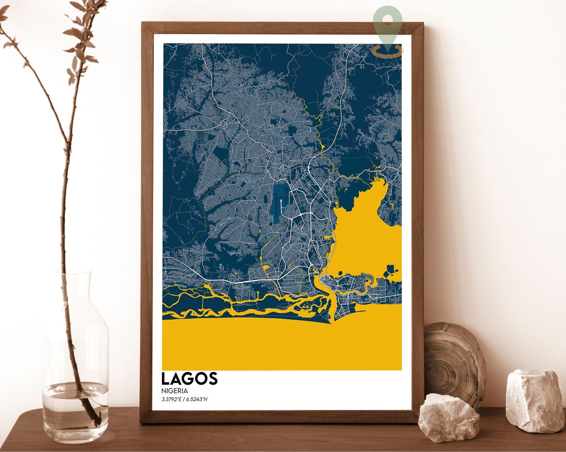 Lagos Nigeria Navy Yellow Lagoon Street Map Modern Art Poster