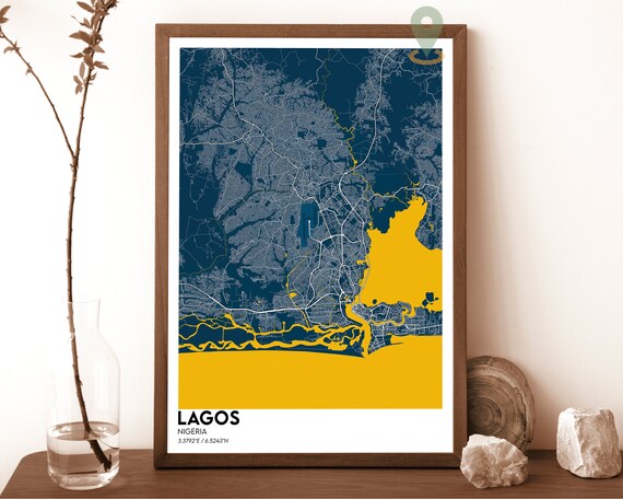 Lagos Nigeria Navy Yellow Lagoon Street Map Modern Art Poster