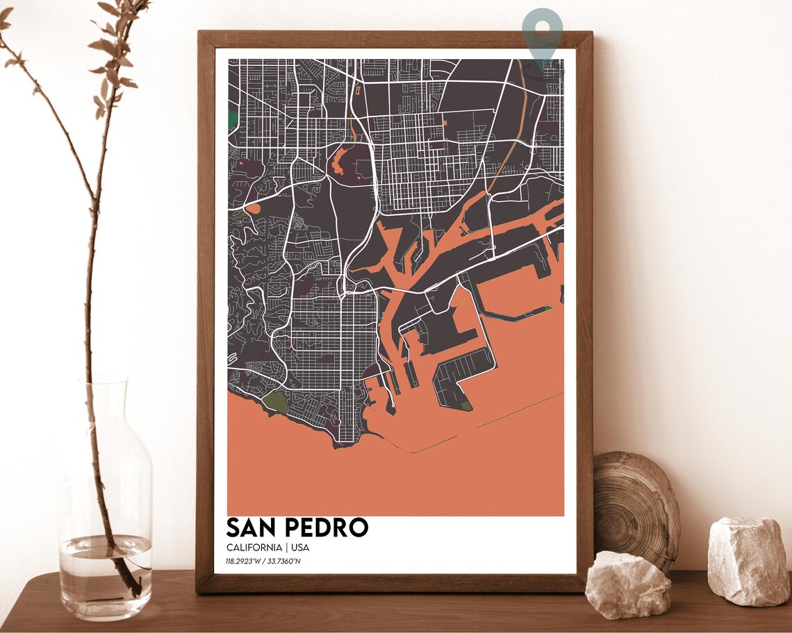 San Pedro California Dark Cyan Harbor City Map Home Decor Poster - Image 5