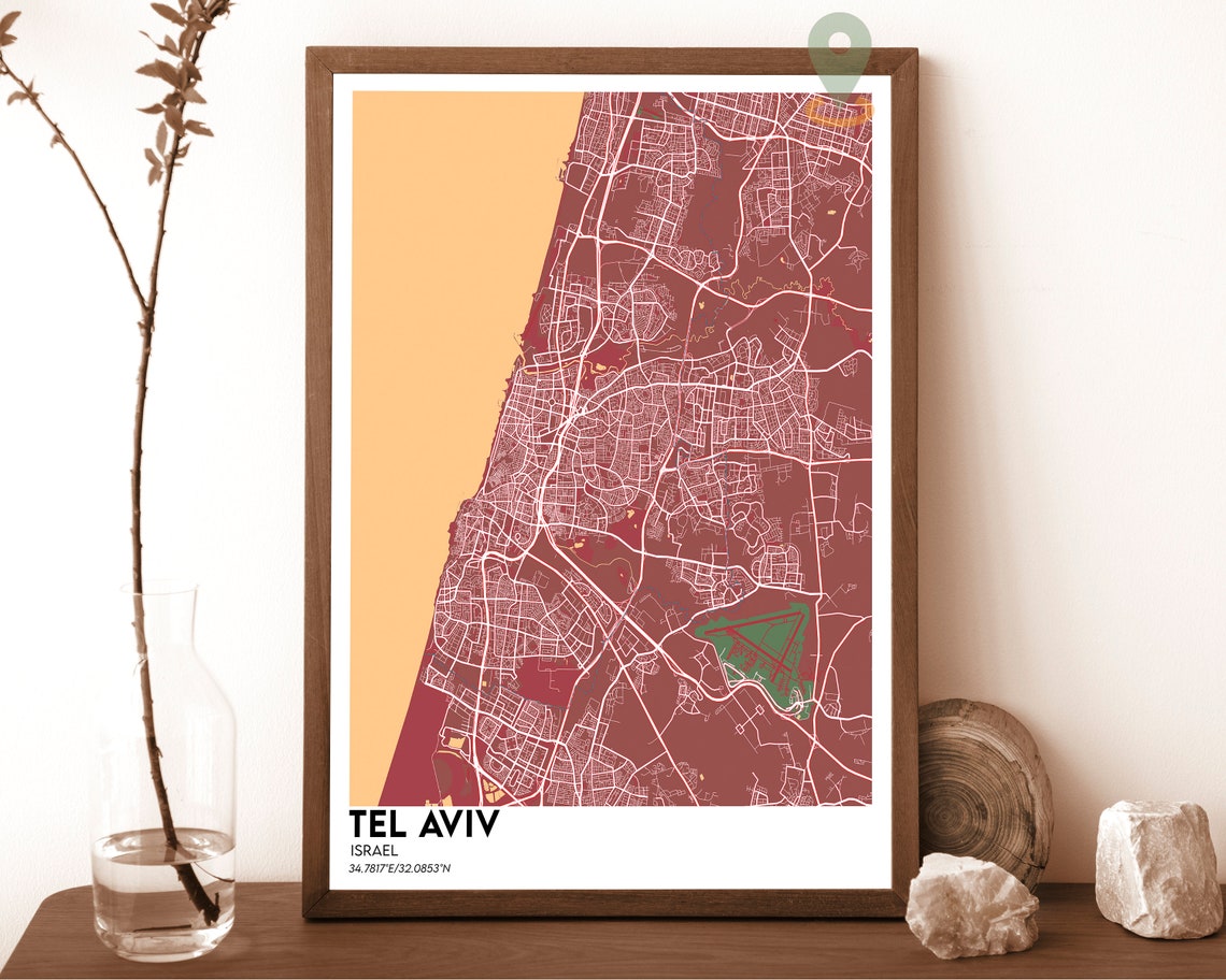 Tel Aviv Israel Coastal Downtown City Grid Gray Map Art Poster - Image 3