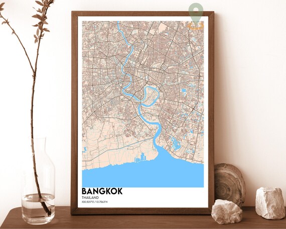 Bangkok Thailand Beige City Map River Chao Phraya Style Poster