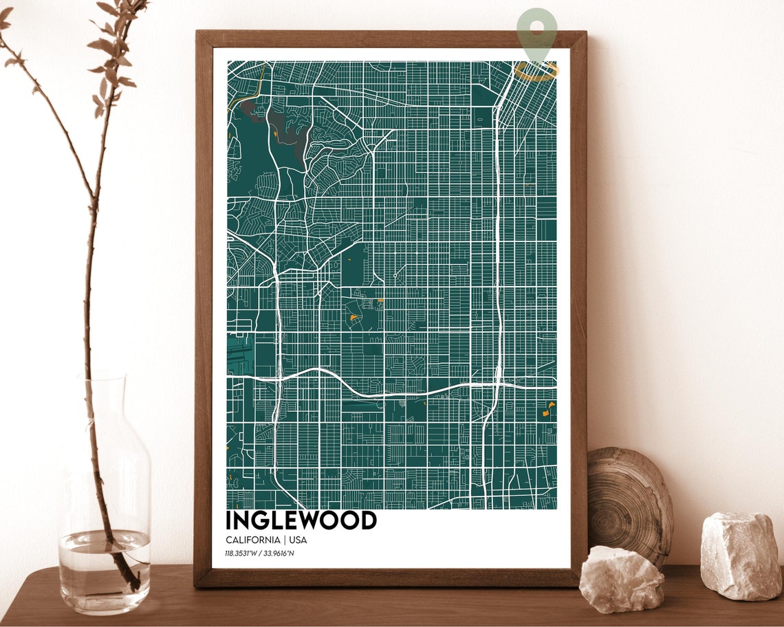 Inglewood California Modern Street Map Navy Teal Grid Poster - Image 4