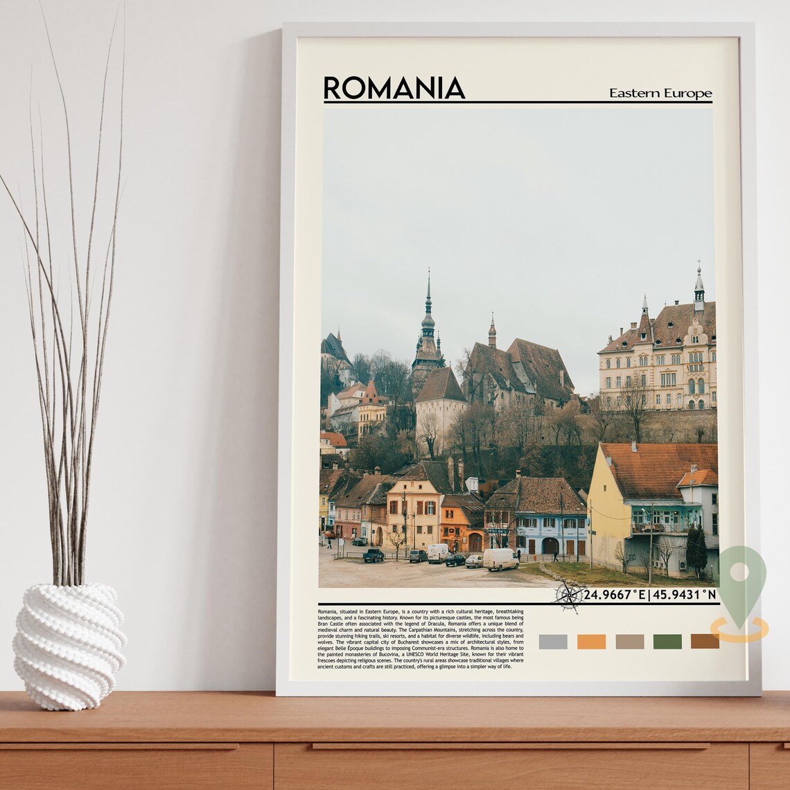 Romania Eastern Europe Medieval Hilltop Town Colorful Roofs Art Poster - Image 3