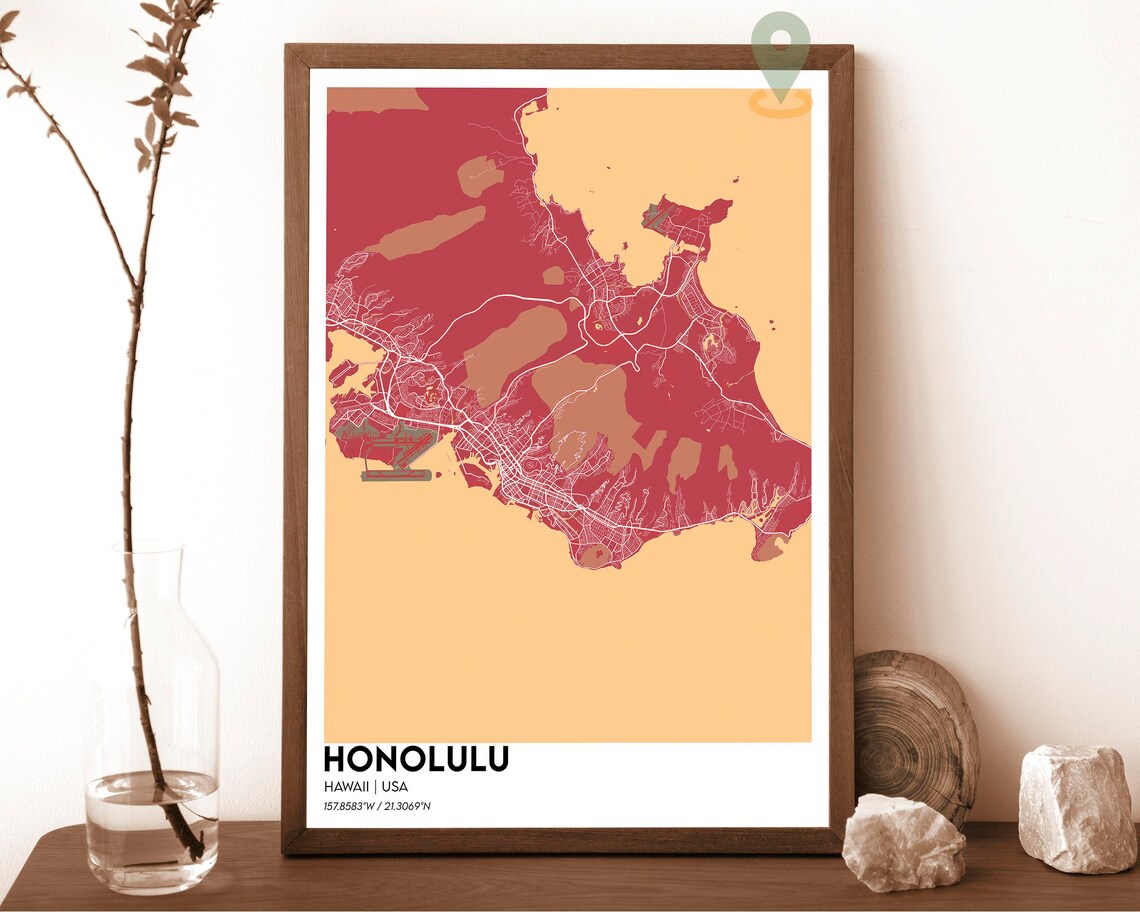 Honolulu Hawaii Oahu Island Dark Blue Ocean Map Beach Art Poster - Image 5