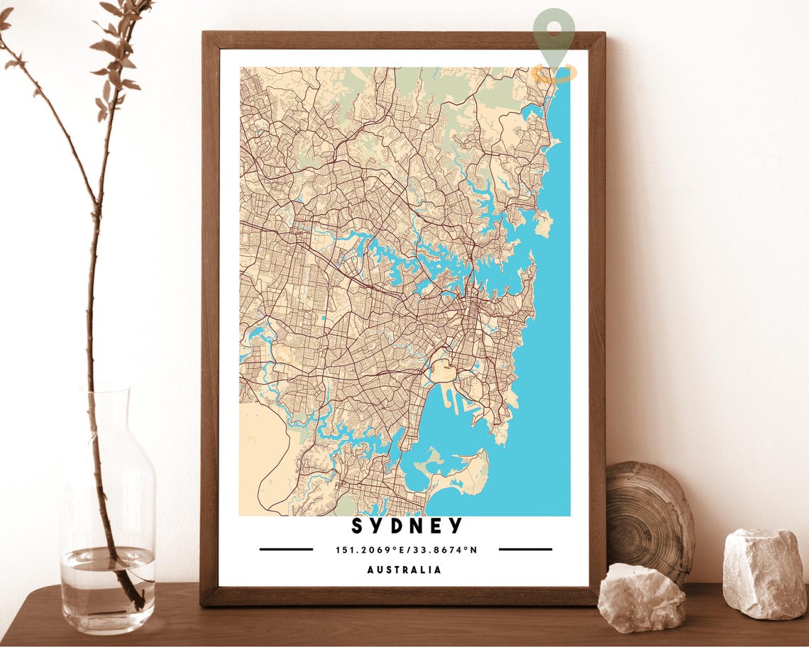 Sydney Australia City Map Art Poster Teal Yellow Modern Decor - Image 2