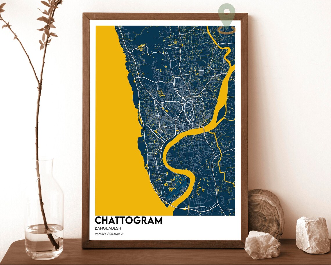 Chattogram Bangladesh River Delta Street Map Navy Gold Modern Art Print