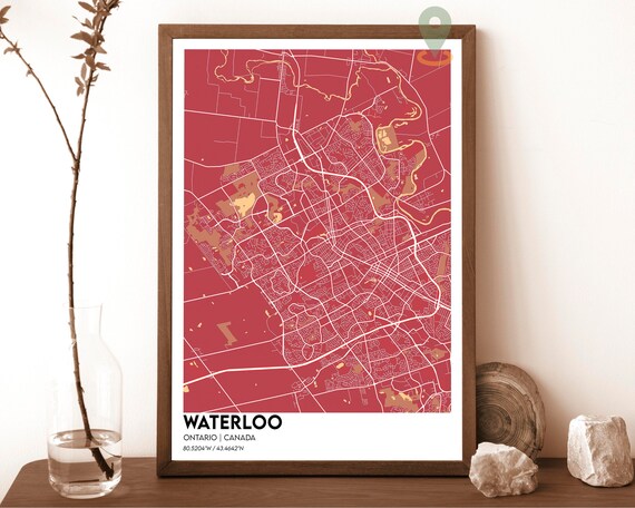 Waterloo Ontario Canada City Map Poster Red Modern Minimalist Art