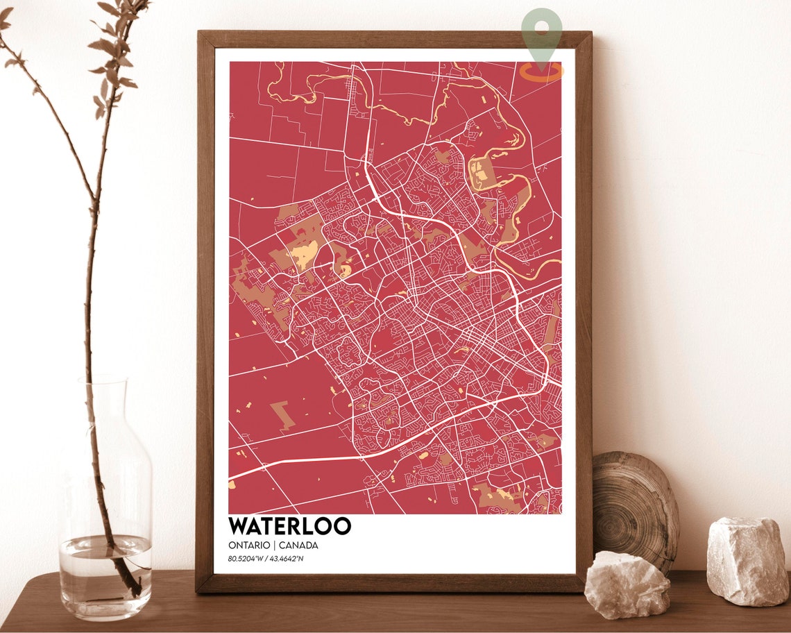 Waterloo Ontario Canada City Map Poster Red Modern Minimalist Art