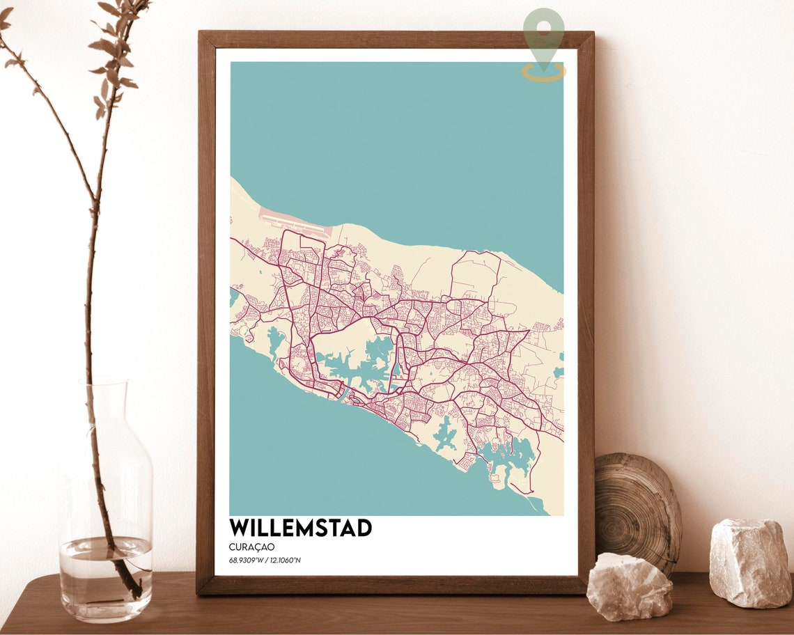 Willemstad Curacao Teal Cream Caribbean City Map Line Poster