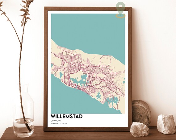 Willemstad Curacao Teal Cream Caribbean City Map Line Poster