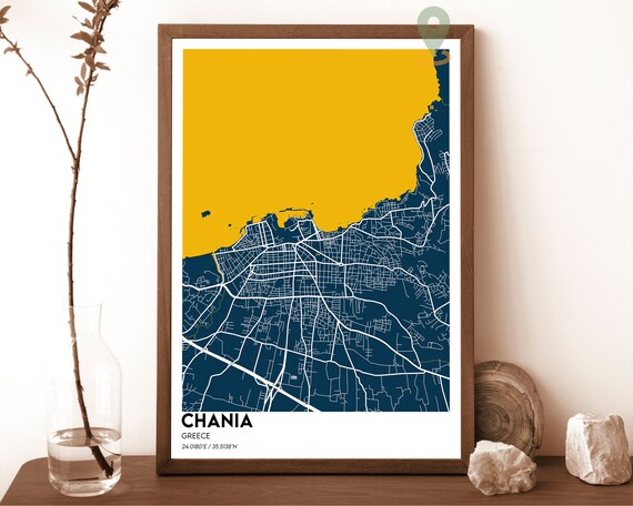 Chania Greece Navy Blue Crete Coast Modern City Map Design Poster