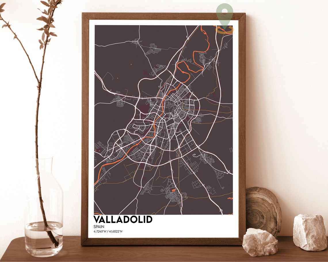 Valladolid Spain Charcoal Grey Orange Modern City Map Poster