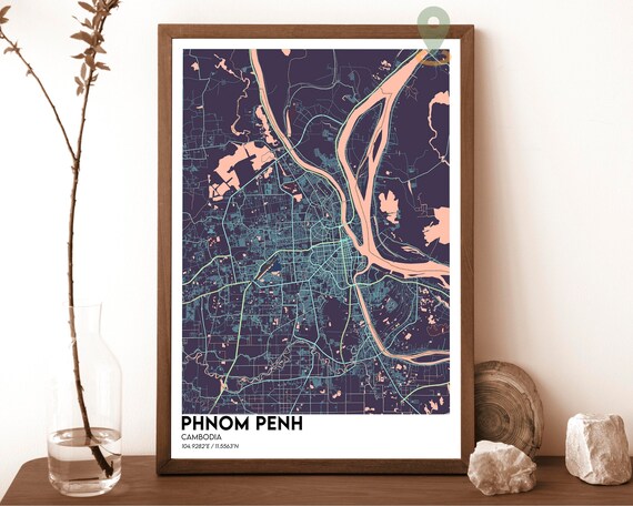 Phnom Penh Cambodia Midnight Night Lights City Map Design Poster