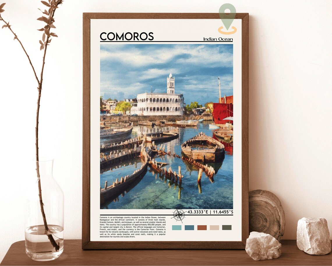 Comoros Indian Ocean Harbor Boats Historic White City Travel Poster