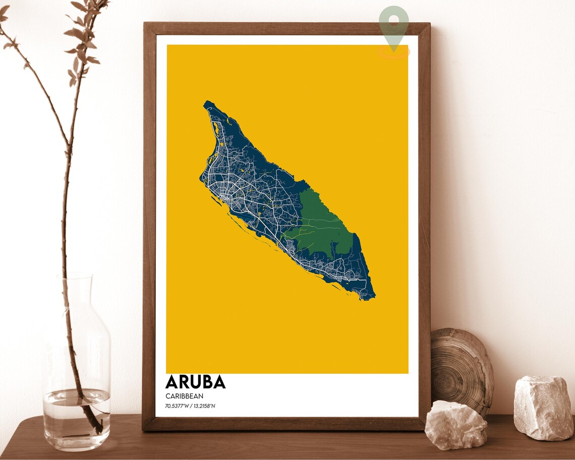 Aruba Caribbean Island Navy Gold Street Map Modern Travel Poster