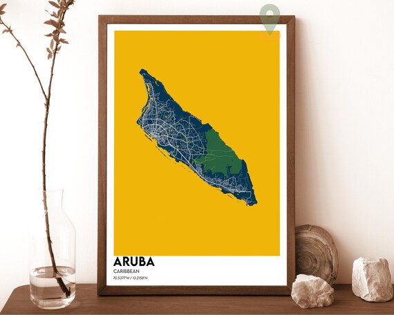 Aruba Caribbean Island Navy Gold Street Map Modern Travel Poster