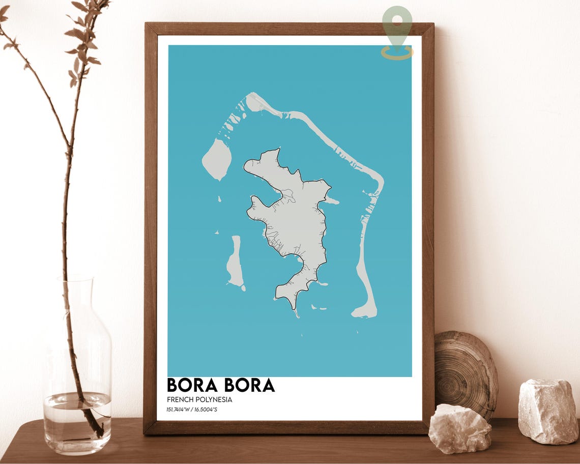Bora Bora French Polynesia Bold Turquoise Island Map Art Poster - Image 2